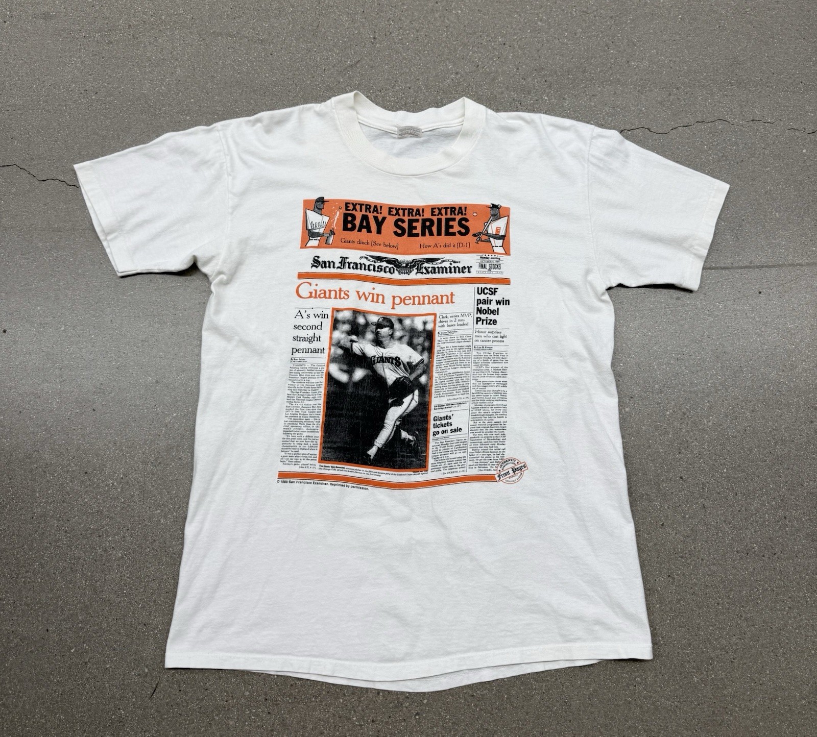 Vintage 1989 SF Giants Win Pennant MLB News Graphic T-shirt Men’s L White Retro