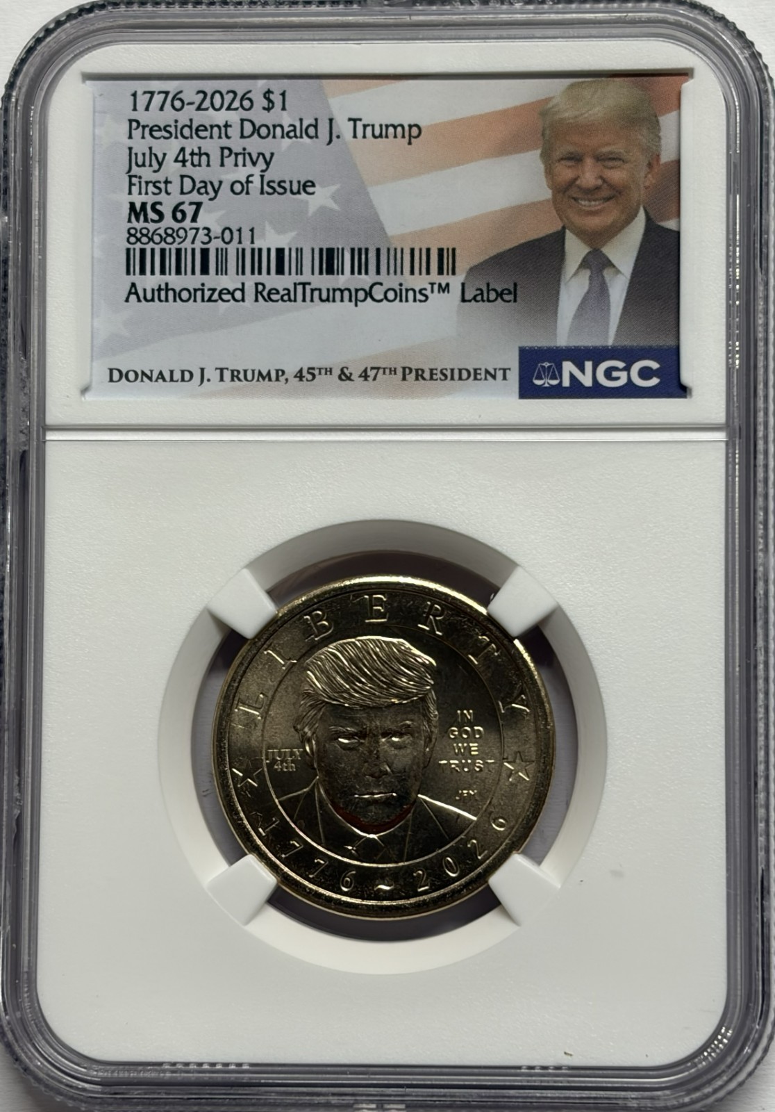 1776 2026 $1 Donald J. Trump 4th July Privy NGC ms67 First Day Of Issue FDOI FDI 1776 2026 $1 Donald J. Trump 4th July Privy NGC ms67 First Day Of Issue FDOI FDI