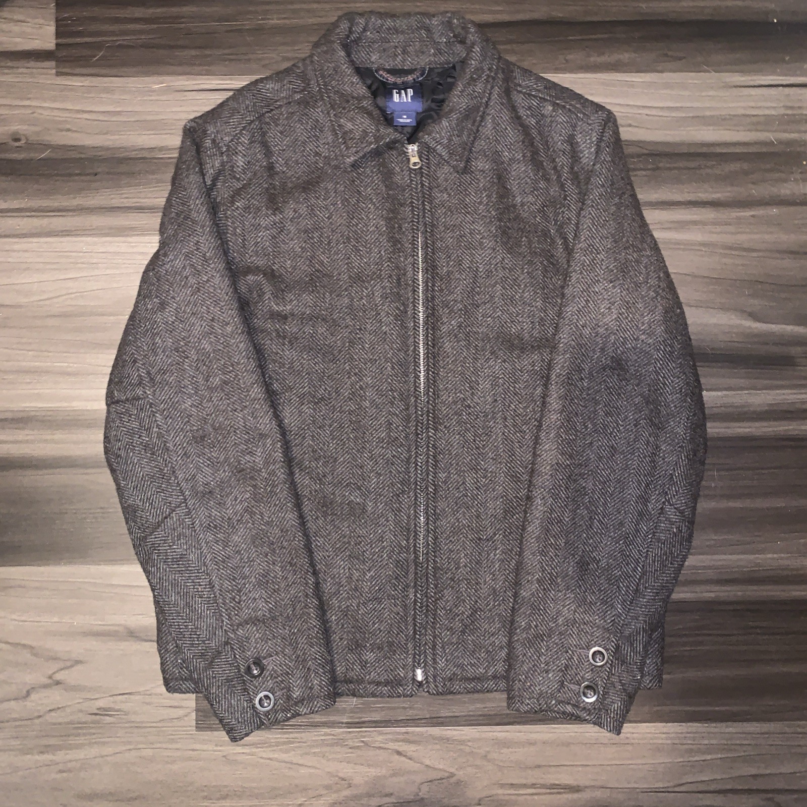 Vintage Gap Jacket Mens Large Gray Wool Herringbone Bomber Full Zip Lined Y2K Vintage Gap Jacket Mens Large Gray Wool Herringbone Bomber Full Zip Lined Y2K