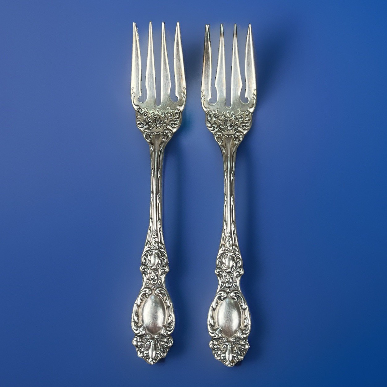 Antique Sterling WALLACE LUCERNE 1896 SALAD PASTRY Forks No Mono ORNATE LOT of 2 Antique Sterling WALLACE LUCERNE 1896 SALAD PASTRY Forks No Mono ORNATE LOT of 2