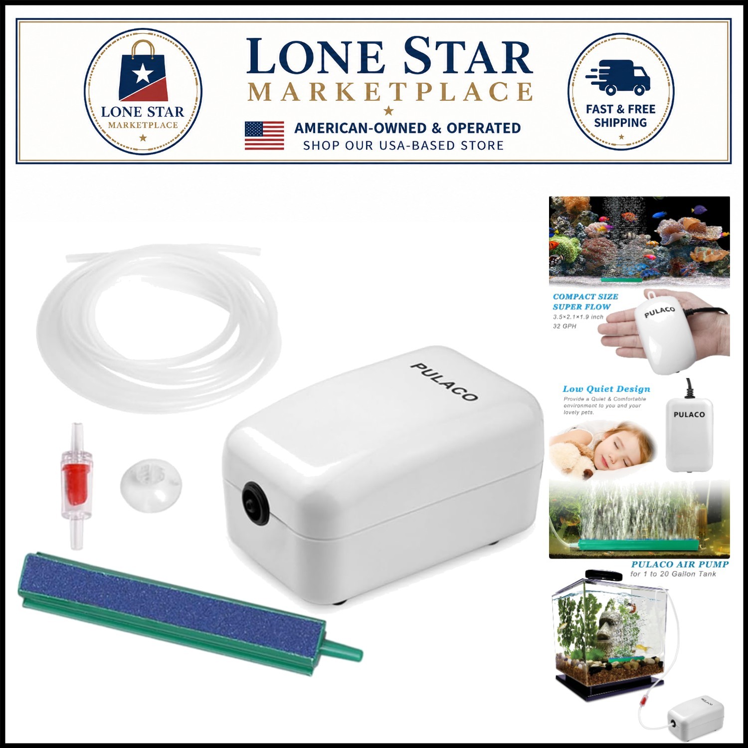 Whisper-Quiet Air Pump for Fish Tanks - Perfect for 1-20 Gallons with Air Tubing