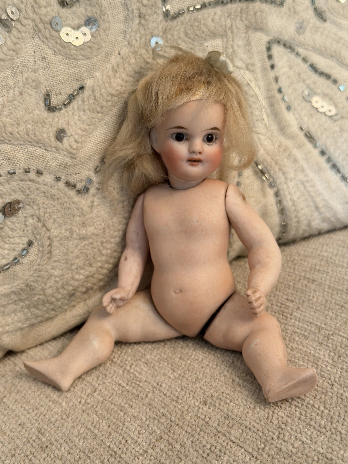 Rare Antique 6” All Bisque Doll Bent Limbs Fist Hand Glass Eyes c. 1900