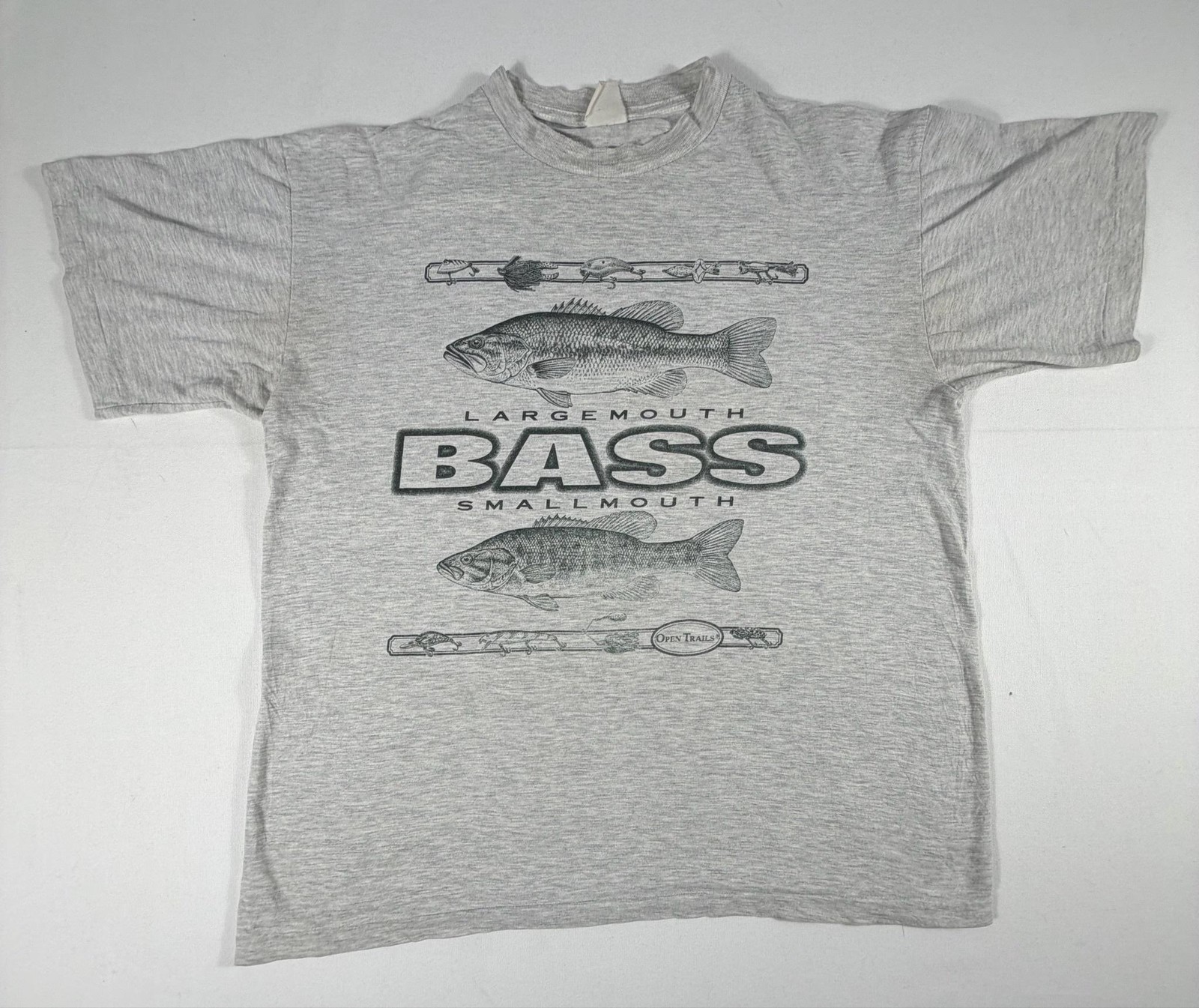 Vtg Open Trails Bass Shirt Mens L Gray Largemouth Smallmouth Fish Graphic Tee