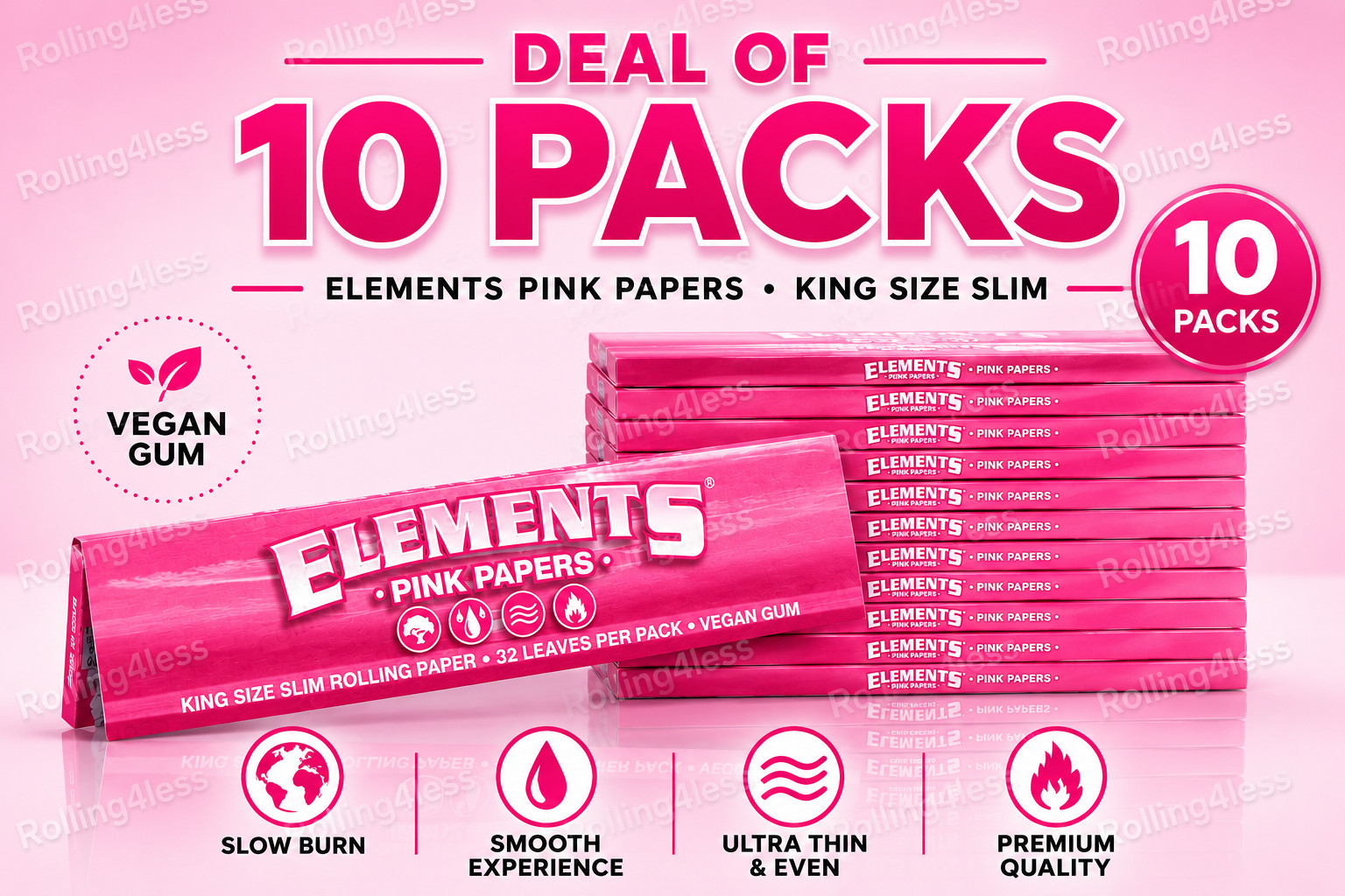 Elements Pink King Size Slim Rolling Papers 10 Packs 32 Leaves 320 Total Elements Pink King Size Slim Rolling Papers 10 Packs 32 Leaves 320 Total