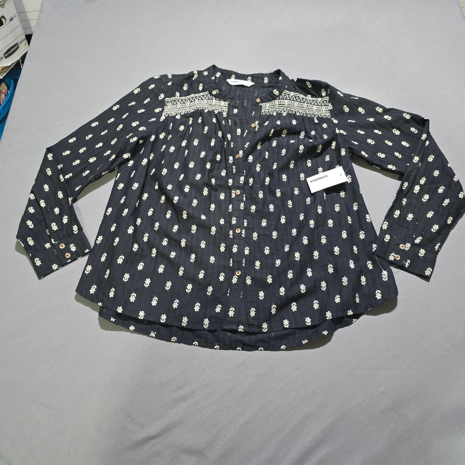 new Sonoma Blouse Womens Large Black Floral Embroidered Button Up Boho Peasant