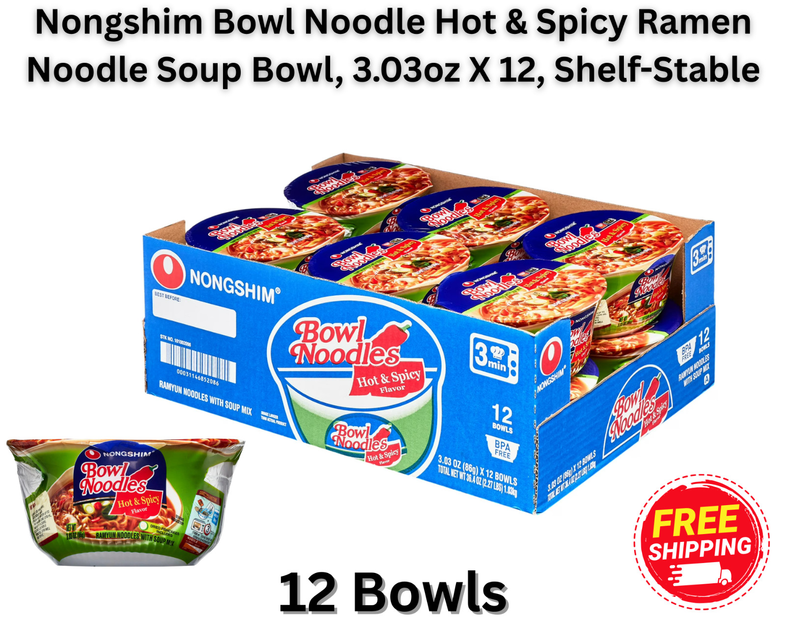 Nongshim Bowl Noodle Hot & Spicy Ramen Noodle Soup Bowl, 3.03oz X 12, Shelf-Stab Nongshim Bowl Noodle Hot & Spicy Ramen Noodle Soup Bowl, 3.03oz X 12, Shelf-Stab