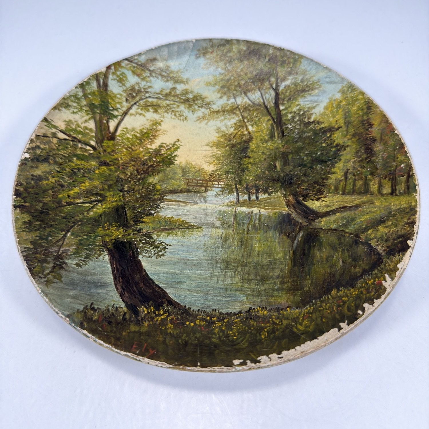 Antique 1883 Oil Painting Artist Signed Paper Mache Plate Vtg American Folk Art Antique 1883 Oil Painting Artist Signed Paper Mache Plate Vtg American Folk Art