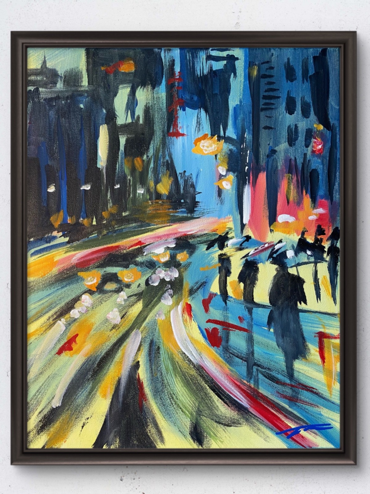 Original 14x11 Expressionist Rainy City Night Scene Painting Signed Canvas