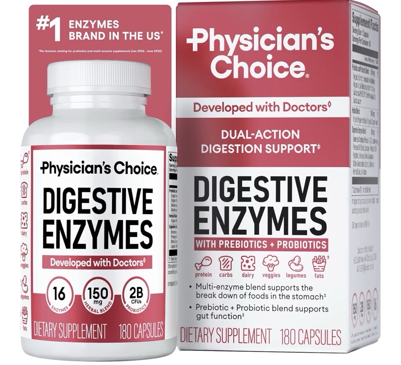 ÑEW Physician's CHOICE Digestive Enzymes 180 Count Exp 05/2027