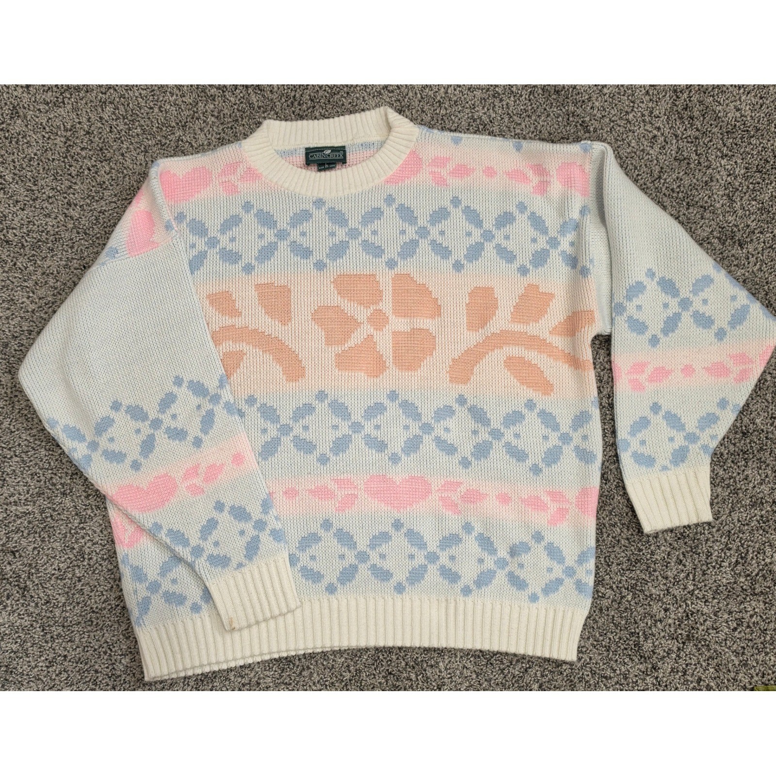 Vintage Cabin Creek Pastel Floral Heart Knit Sweater Crewneck Made in USA Large Vintage Cabin Creek Pastel Floral Heart Knit Sweater Crewneck Made in USA Large