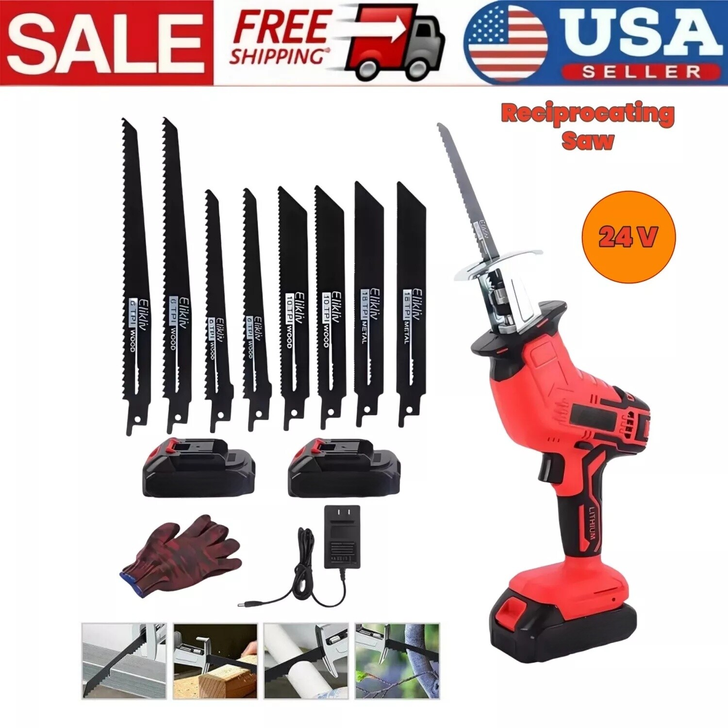 Electric Reciprocating Saw W/ 2 Li-ion Battery Cutting Tools Cordless w 8 Blades