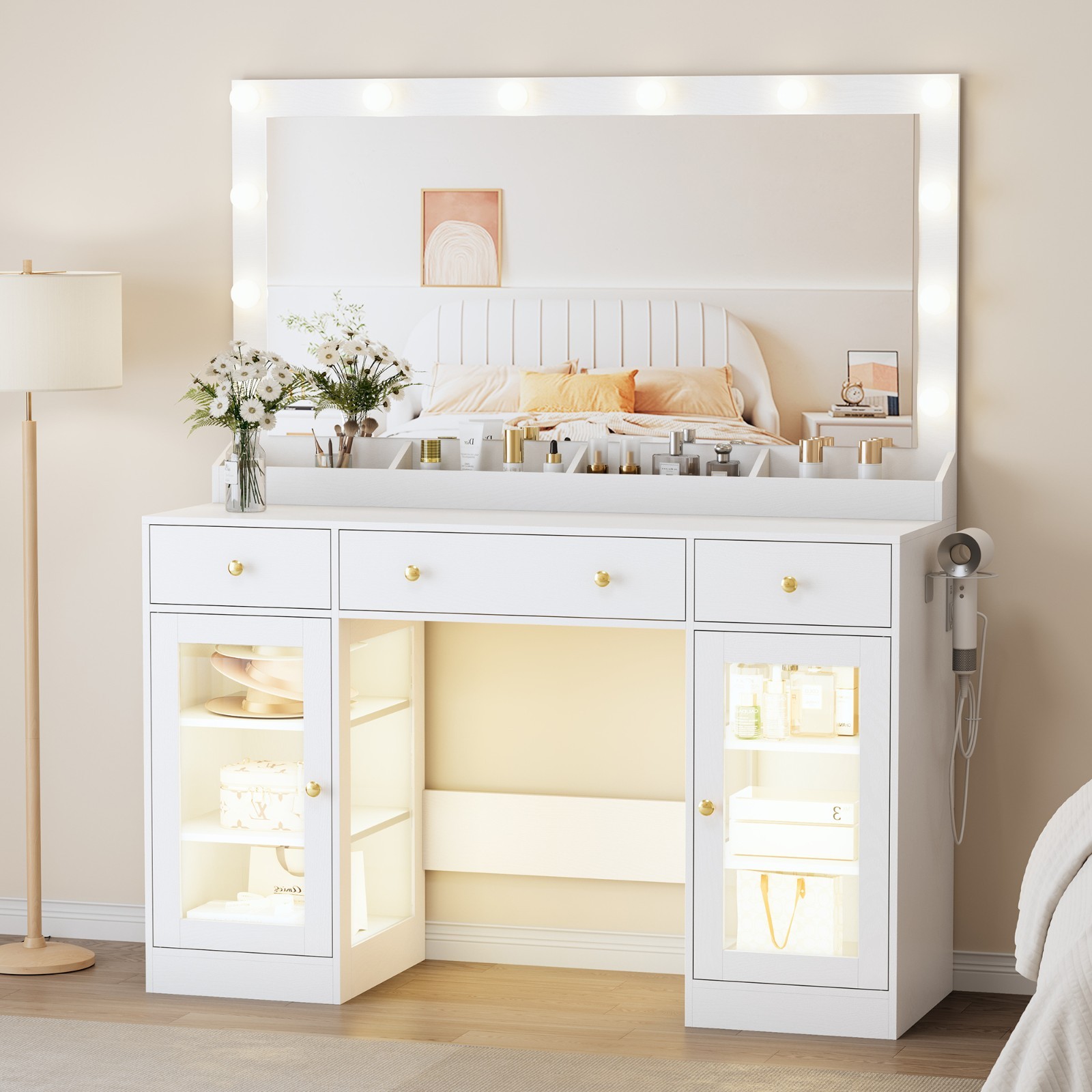 Makeup Vanity with Large Mirror and Lights, Charging Station & RGB Glass Cabinet Makeup Vanity with Large Mirror and Lights, Charging Station & RGB Glass Cabinet