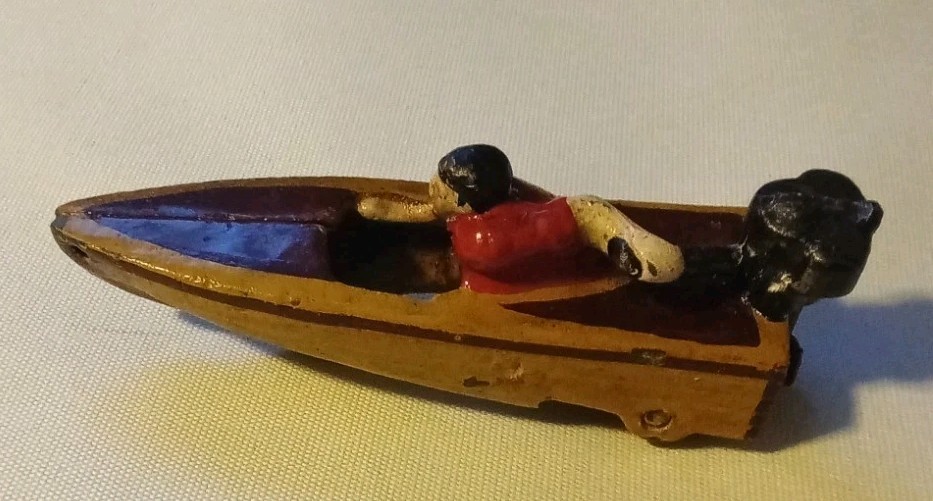 Vintage Cast Iron Speed Boat w Driver Yellow Brown 4\