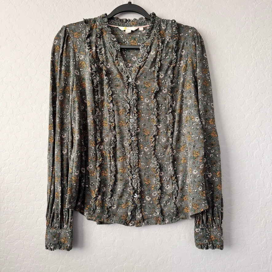 Boden 12 Blouse Gray Long Sleeve Ruffle Trim Floral Button Front Cotton Modal