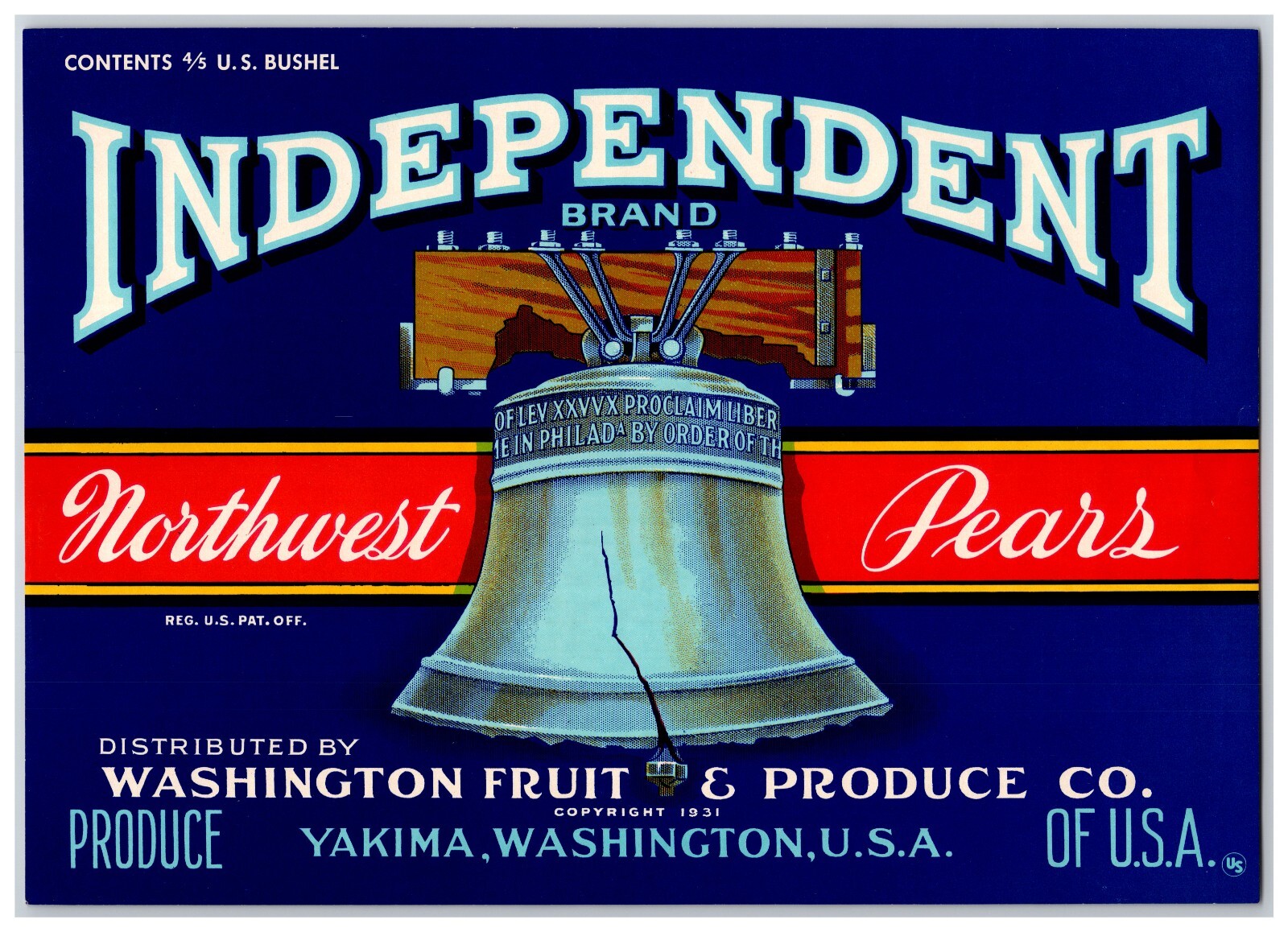 Vtg Independent Brand Northwest Pears Fruit Crate Label Yakima WA Blue