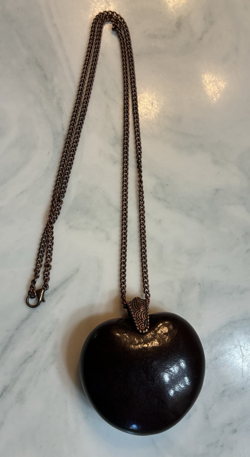 Vintage Polished Sea Heart Seed Pod Bean Pendant Necklace 24” Copper Chain