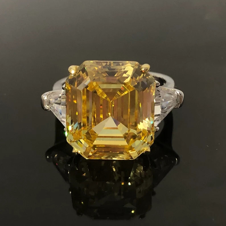 6Ct Asscher Cut Natural Yellow Sapphire & Diamond Engagement Ring 14k White Gold