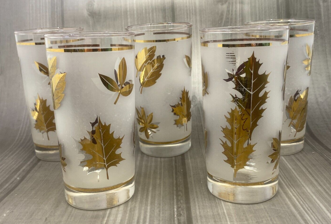 Set of 5 Vintage Golden Foliage Flat Tumblers by Libbey Glass 12 oz 1953-1978