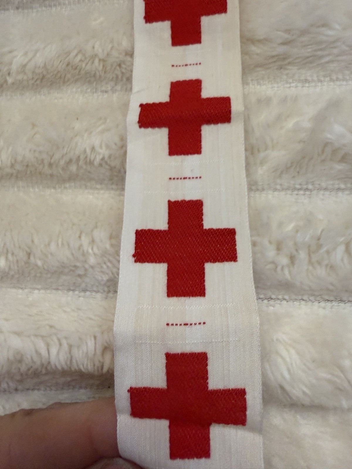 Vintage Red Cross Woven Jacquard Ribbon Trim Long Uncut Length Textile