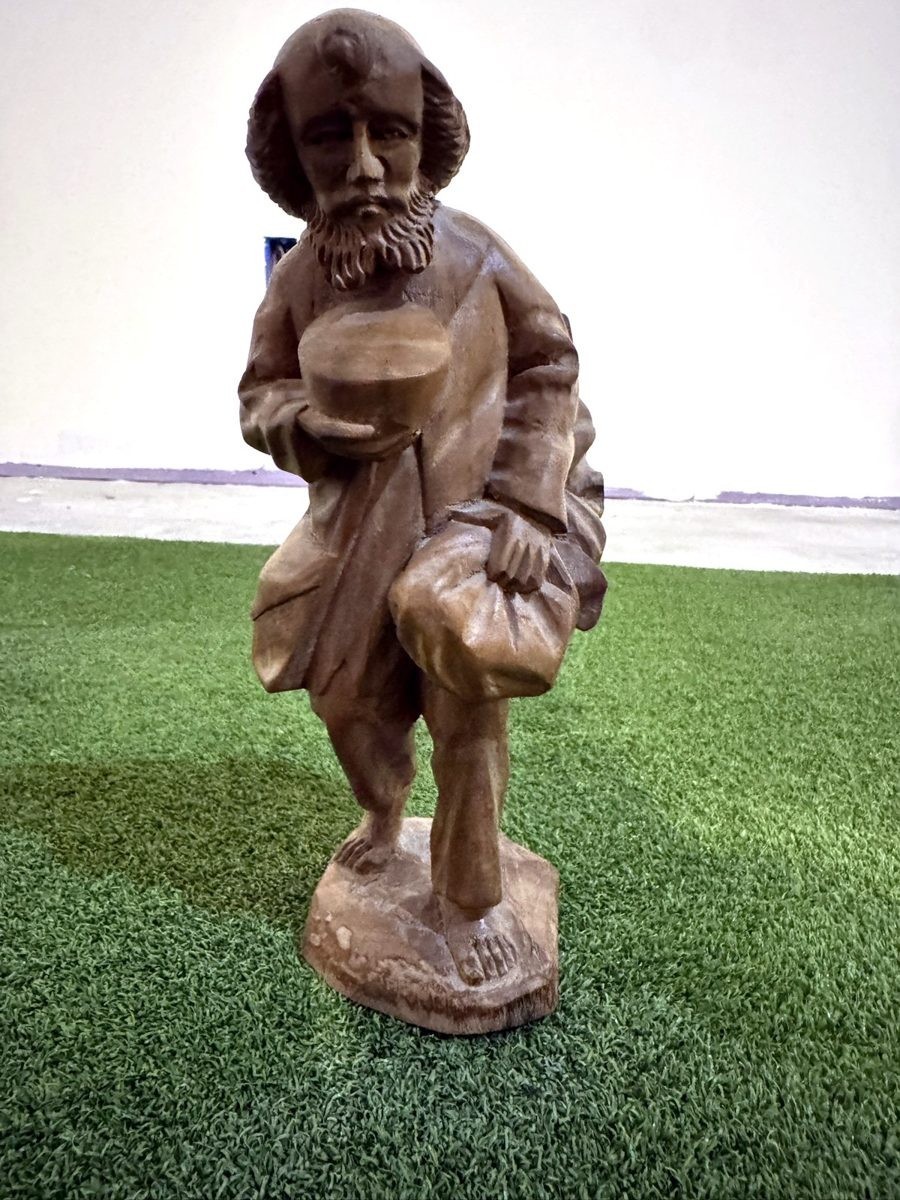 Vintage Hand Carved Wood Pilgrim Beggar Figure Bearded Man Alms Bowl Sack 11 in