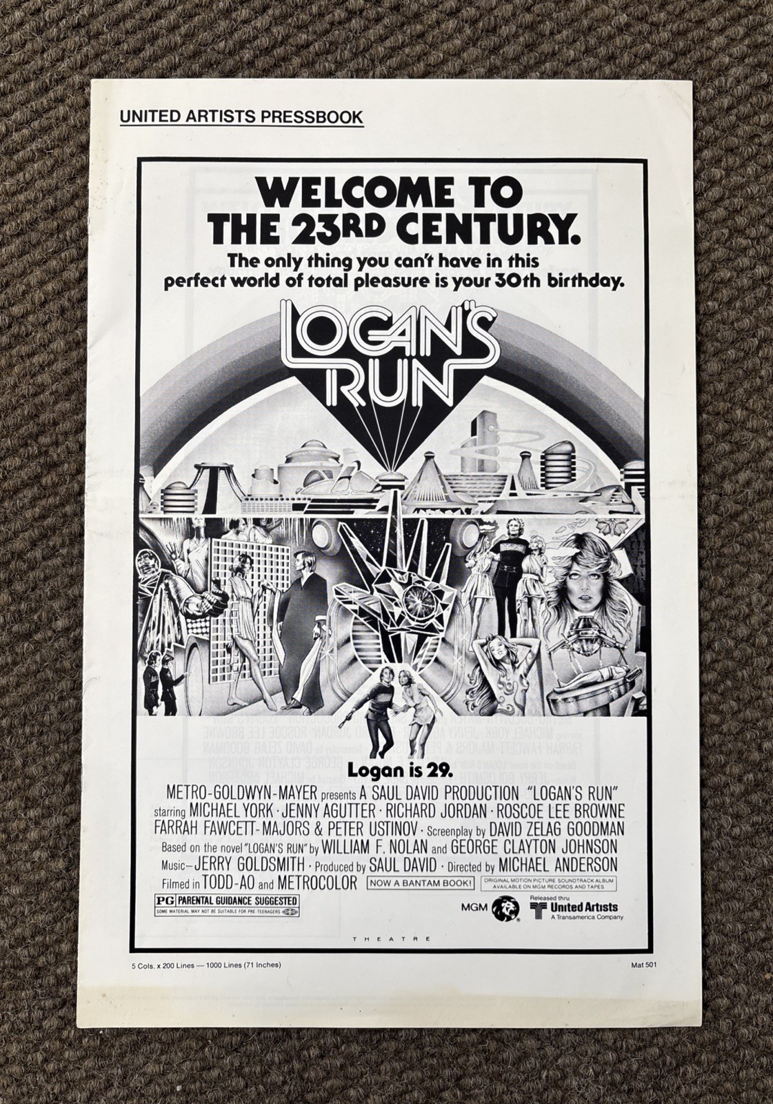 Vintage 1976 LOGAN\'S RUN pressbook Futuristic~23rd Century~Scifi~Farrah Fawcett Vintage 1976 LOGAN\'S RUN pressbook Futuristic~23rd Century~Scifi~Farrah Fawcett
