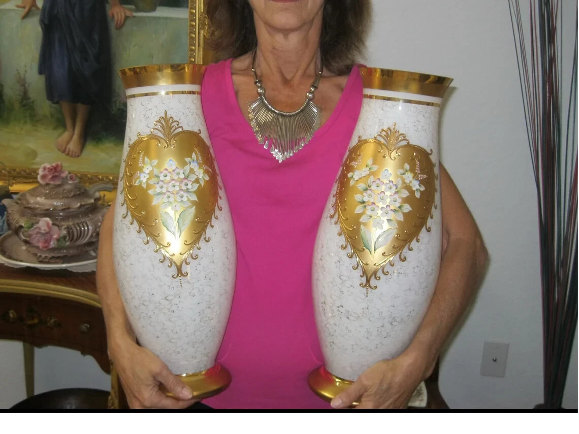 MUSEUM QUALITY Vintage 24K Tre Fuochi Gold Leaf Enameled Floral Vases 20\