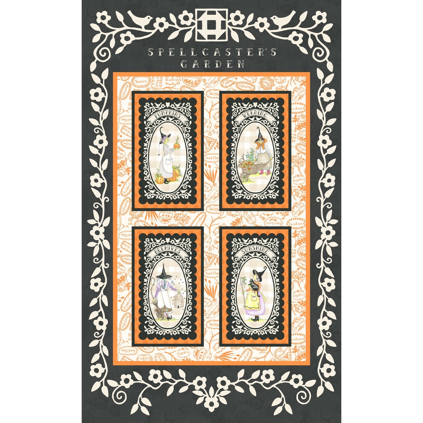 Spellcaster\'s Garden Halloween Witch fabric Black Orange White panel 27 x 44 Spellcaster\'s Garden Halloween Witch fabric Black Orange White panel 27 x 44