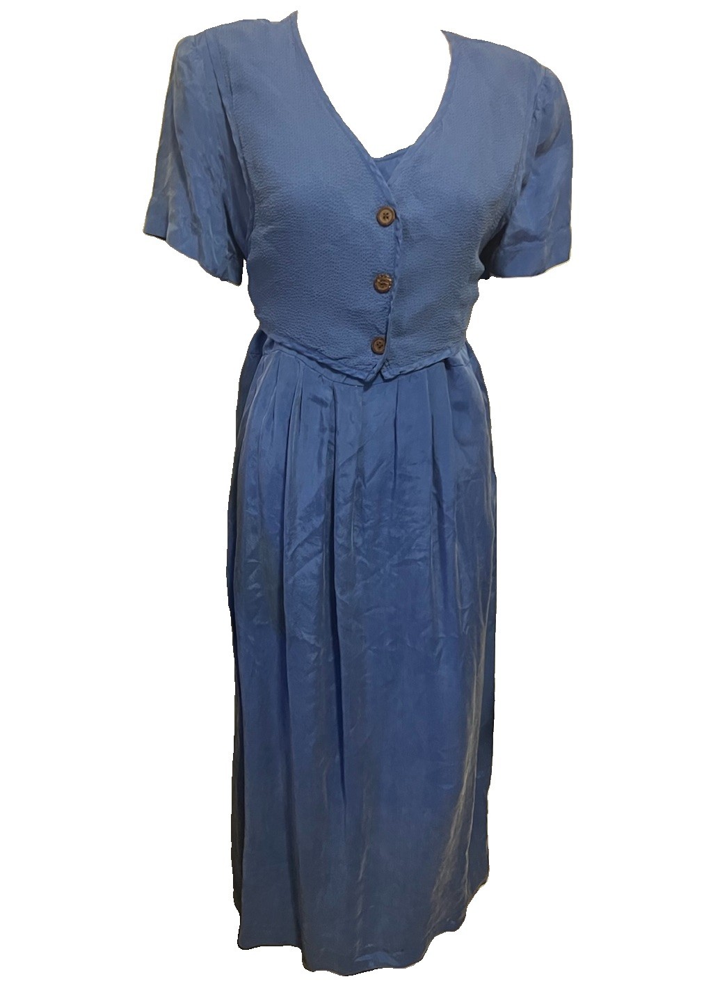 Vintage Karin Stevens Velvety Blue Button W/ Vest Long Dress Sz 12 Cottagecore Vintage Karin Stevens Velvety Blue Button W/ Vest Long Dress Sz 12 Cottagecore