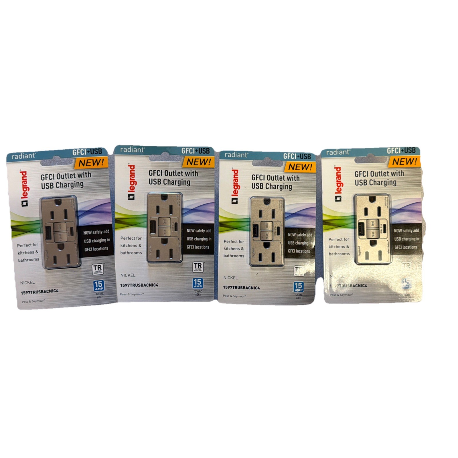 4 Of Radiant 15 Amp 125-Volt TR Self-Test GFCI Duplex Outlet Type A/C USB Nickel 4 Of Radiant 15 Amp 125-Volt TR Self-Test GFCI Duplex Outlet Type A/C USB Nickel
