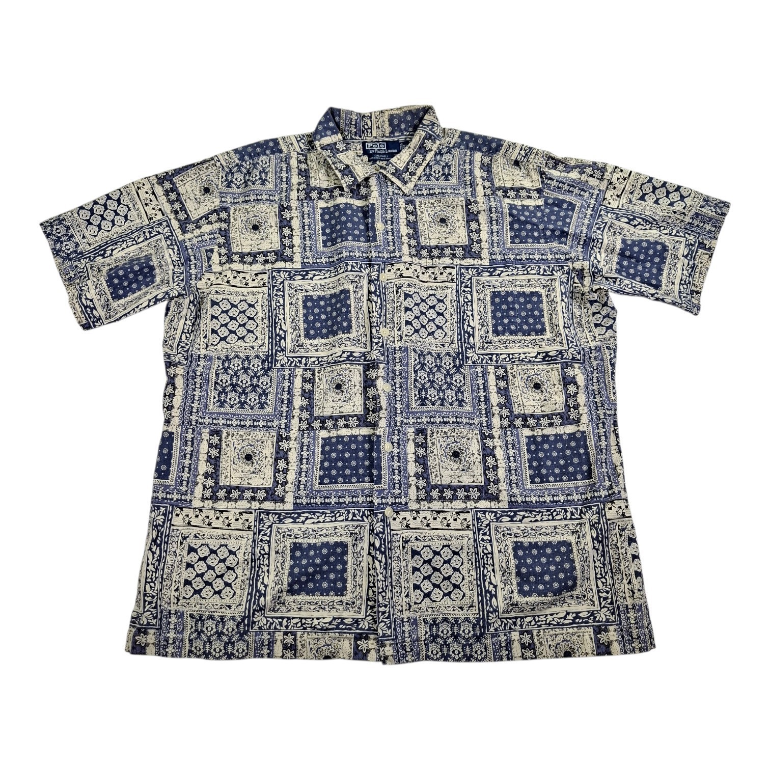 Vintage 90s Polo Ralph Lauren Caldwell XL Linen Blue Bandana Patchwork Shirt Vintage 90s Polo Ralph Lauren Caldwell XL Linen Blue Bandana Patchwork Shirt