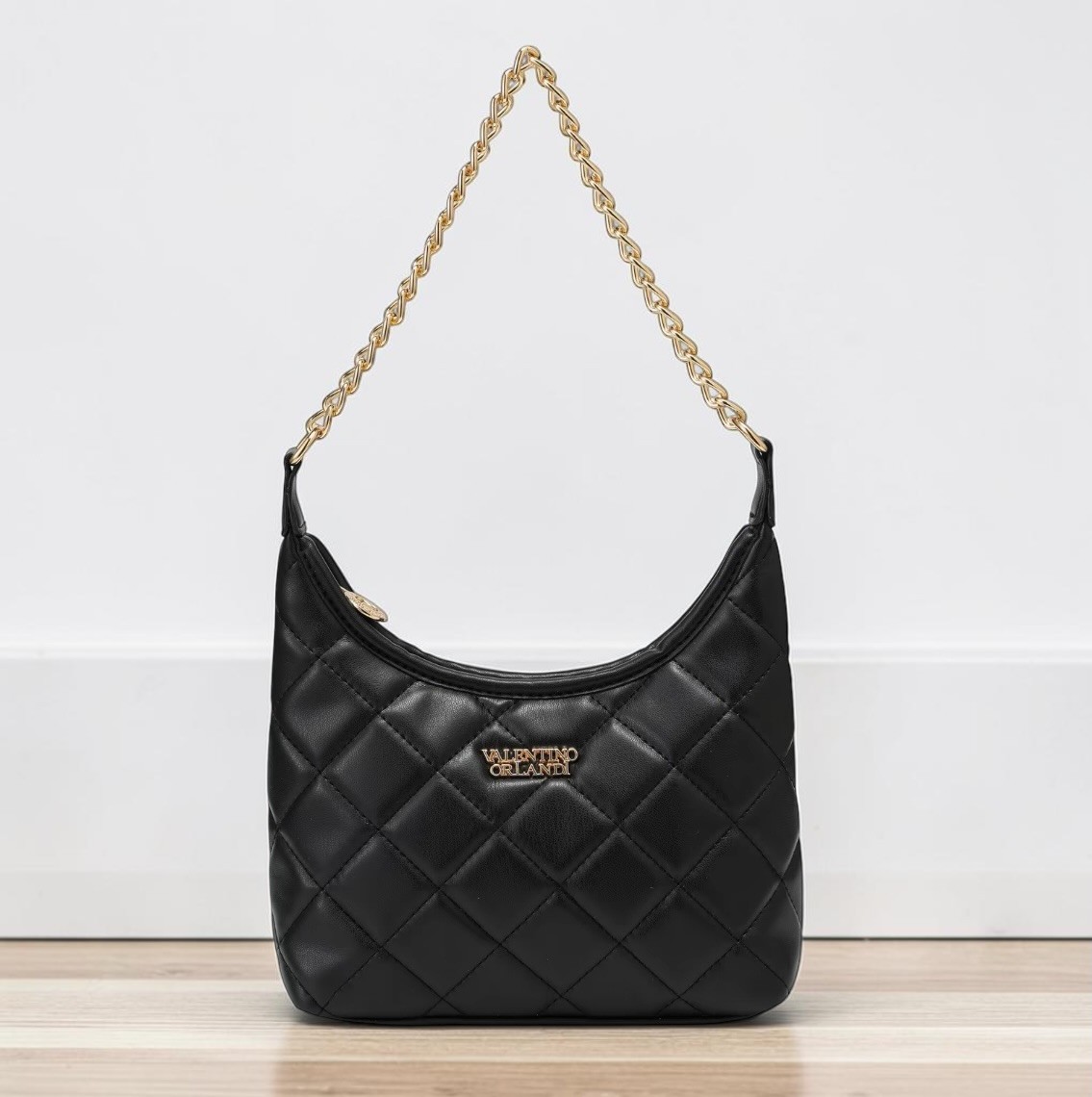 Valentino Orlandi Valencia Black Matte Shoulder Bag Purse with Gold Chain Strap Valentino Orlandi Valencia Black Matte Shoulder Bag Purse with Gold Chain Strap