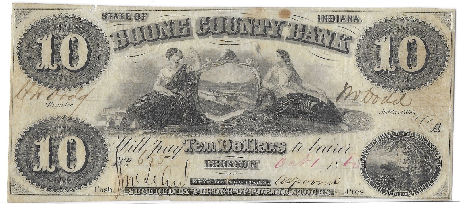 1800’s Lebanon Indiana Boone County Bank $10 Obsolete Banknote Fine+ 1800’s Lebanon Indiana Boone County Bank $10 Obsolete Banknote Fine+