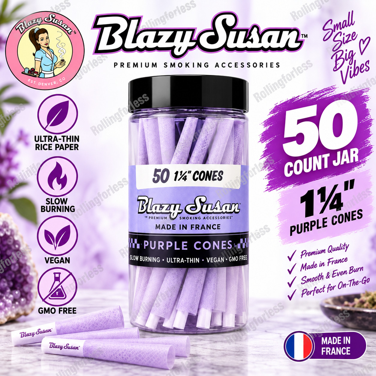 Blazy Susan Purple 1 1/4 Pre Rolled Cones 50 Count Jar 84mm Ultra Thin Vegan