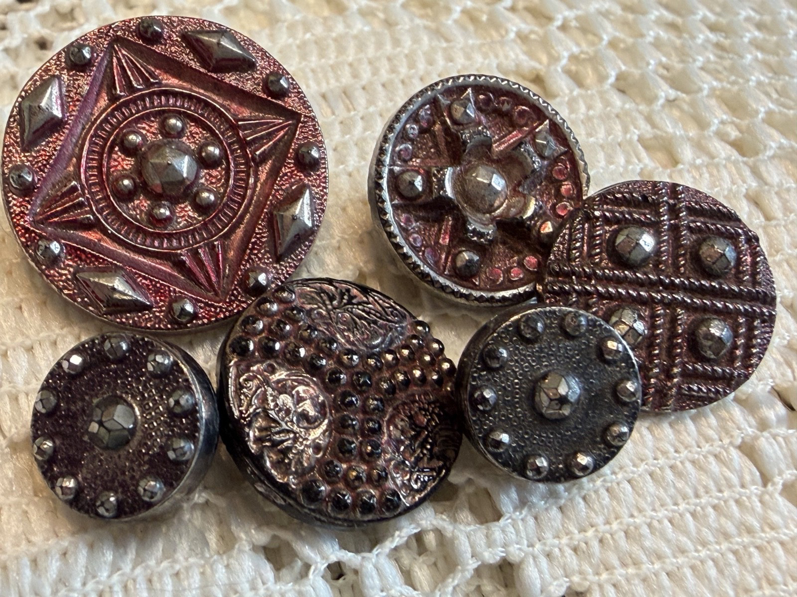 6 Antique RARE RED Luster Black Glass Buttons EXCELLENT CONDITION 6 Antique RARE RED Luster Black Glass Buttons EXCELLENT CONDITION