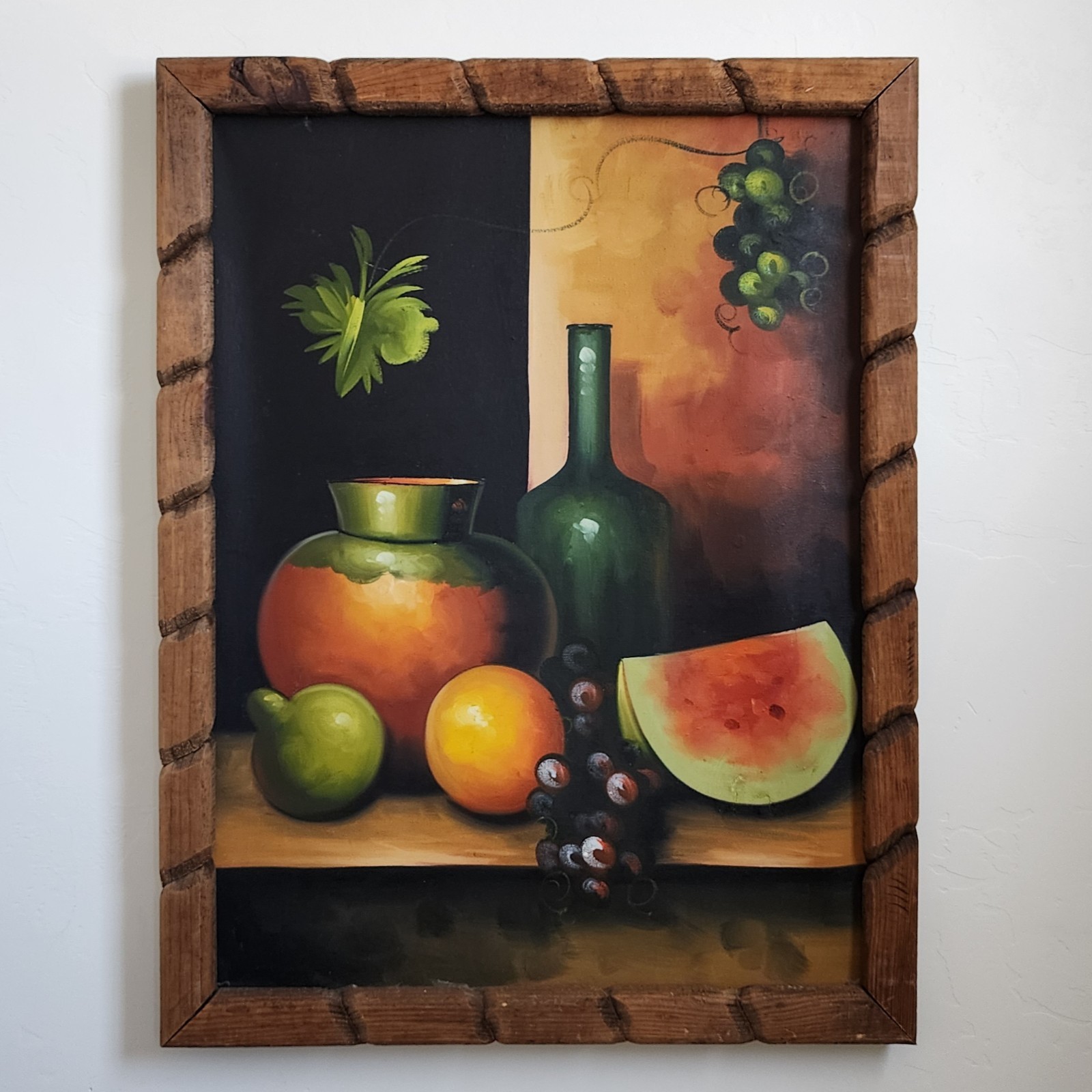 Vintage MCM Fruit Wine Bottle Still Life Original Oil Painting Carved Wood Frame