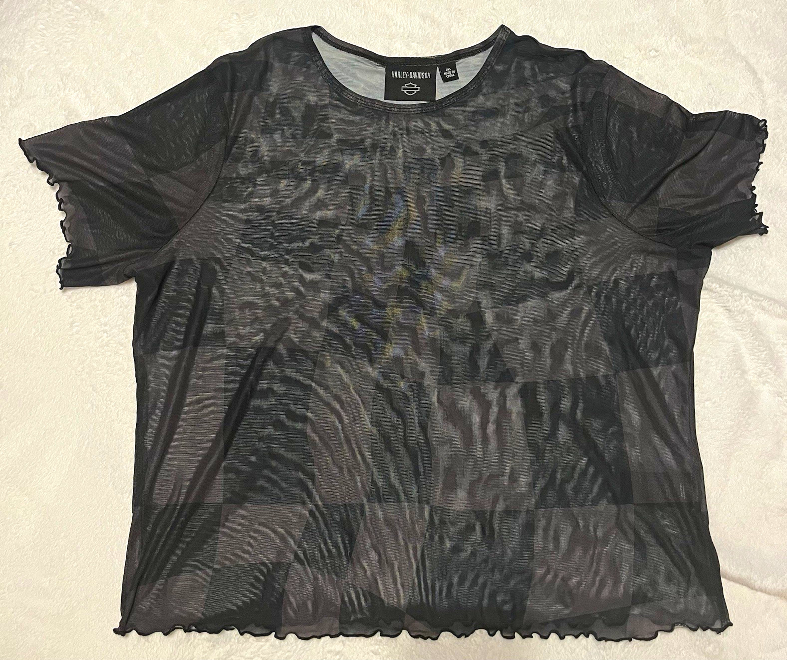 Harley-Davidson Womens Sheer Mesh Short Sleeve Top Black/Gray Print 2XL Harley-Davidson Womens Sheer Mesh Short Sleeve Top Black/Gray Print 2XL