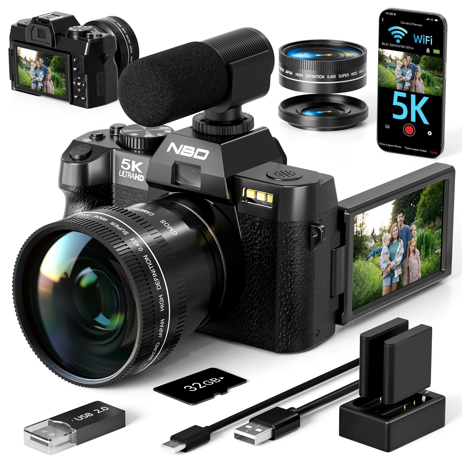 5K Digital Camera 48MP Anti-Shake AutoFocus Macro Len W/WiFi 32GB TF Photography