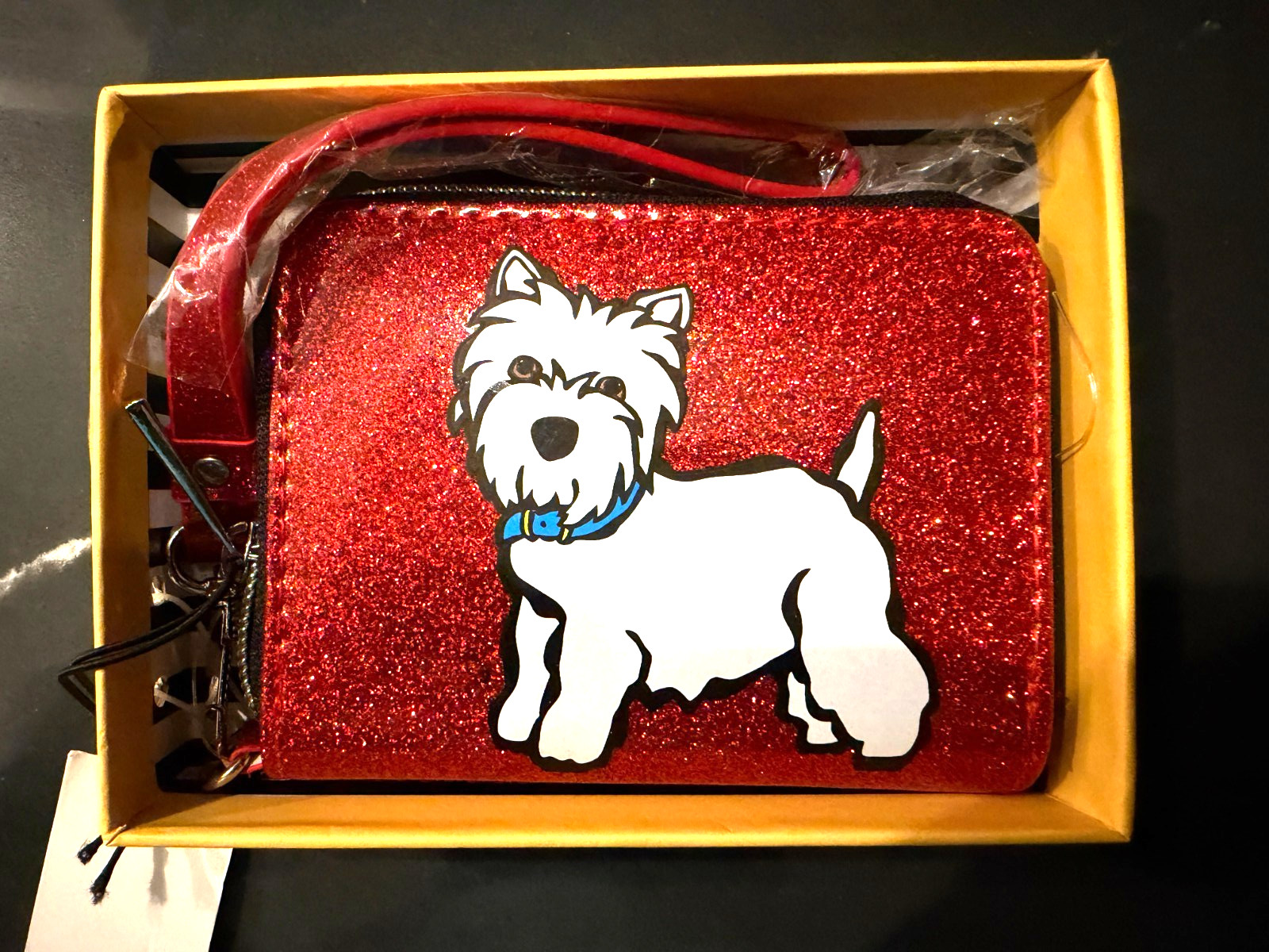 Marc Tetro Westie Dog Red Glitter Wristlet Pouch Zip Clutch Sparkly Purse