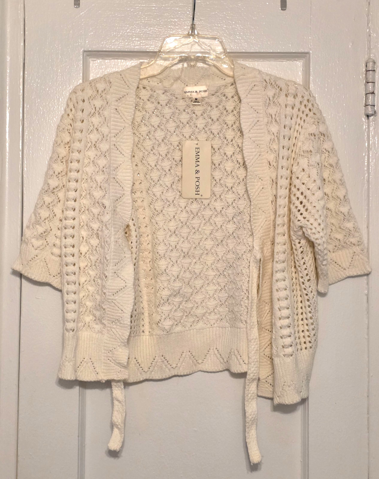 Emma & posh Brand New Size M WOMEN\'S Knit Cardigan, Ivory Color tie closures Emma & posh Brand New Size M WOMEN\'S Knit Cardigan, Ivory Color tie closures