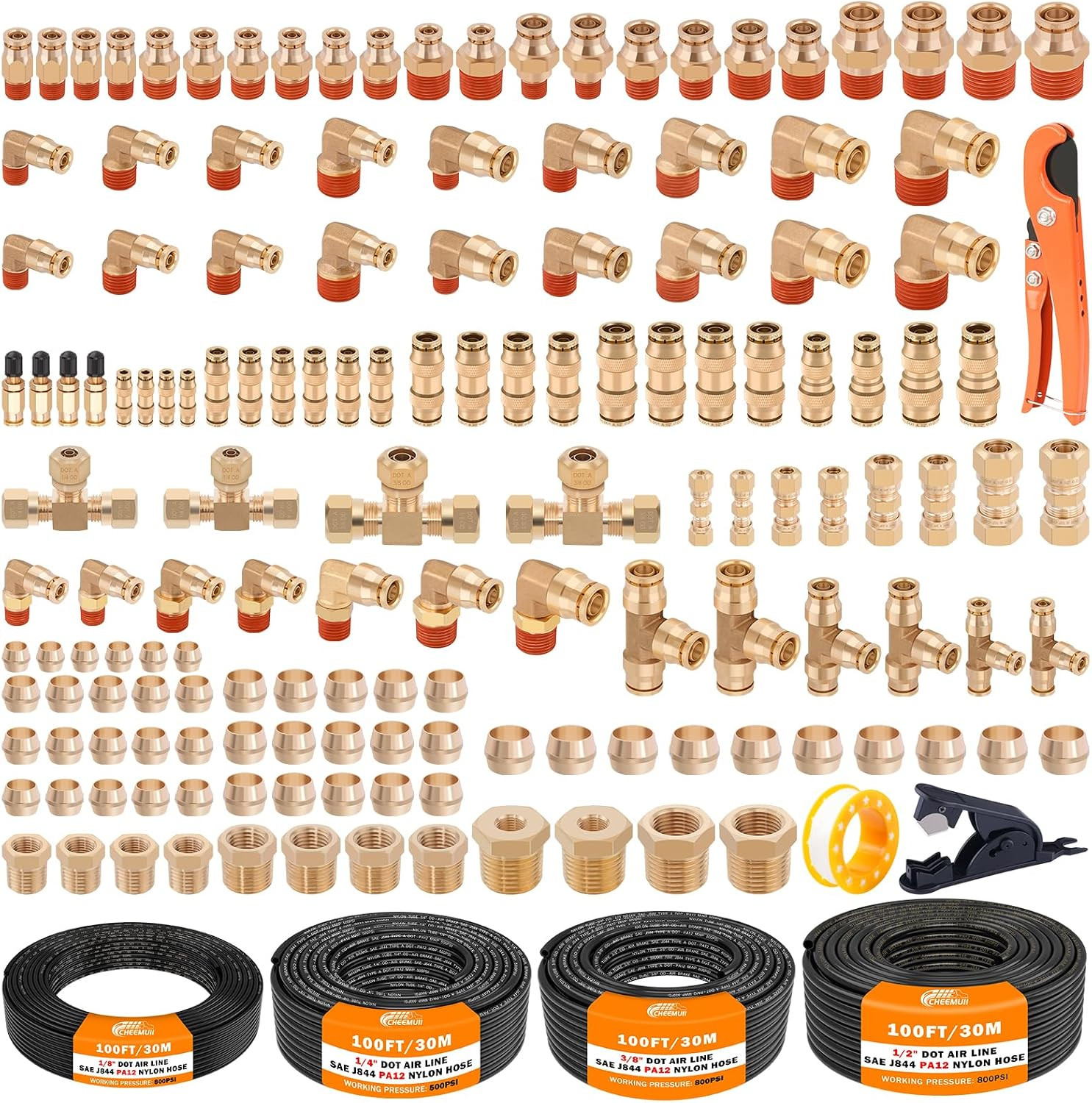 156PCS Brass DOT Air Line Fittings with 4 Roll 100FT DOT Air Lines 156PCS Brass DOT Air Line Fittings with 4 Roll 100FT DOT Air Lines