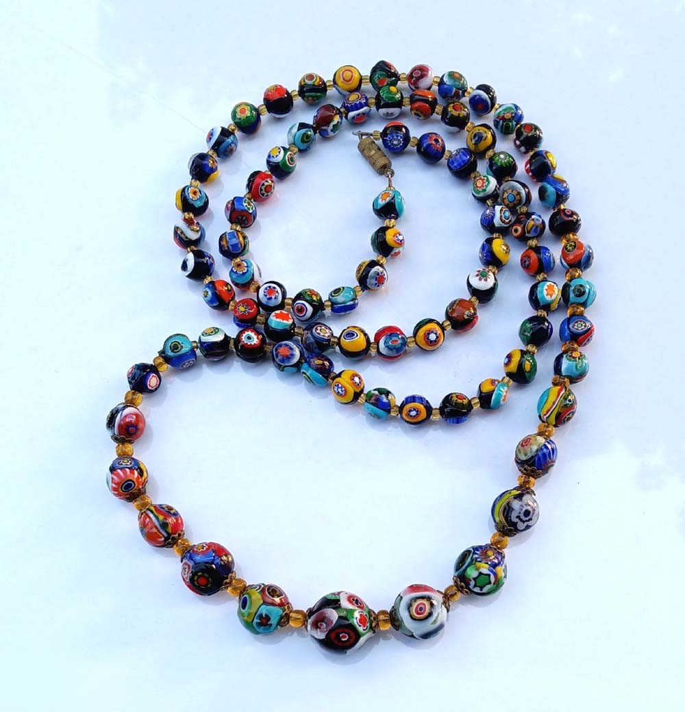 Vintage 50\'S Venetian Glass Beads Moretti Millefiori Necklace 38\