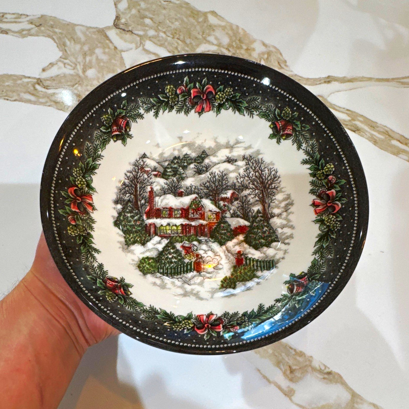 Christmas Winter Village Scene Salad Plate Round Ceramic Black Rim Holly Border Christmas Winter Village Scene Salad Plate Round Ceramic Black Rim Holly Border
