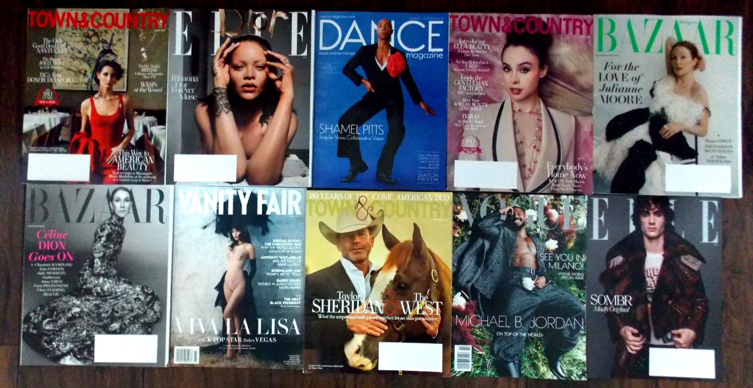 LOT OF 10 BEAUTY FASHION MAGAZINES~HARPERS BAZAAR ELLE, DANCE, VOGUE, VANITY~NEW LOT OF 10 BEAUTY FASHION MAGAZINES~HARPERS BAZAAR ELLE, DANCE, VOGUE, VANITY~NEW
