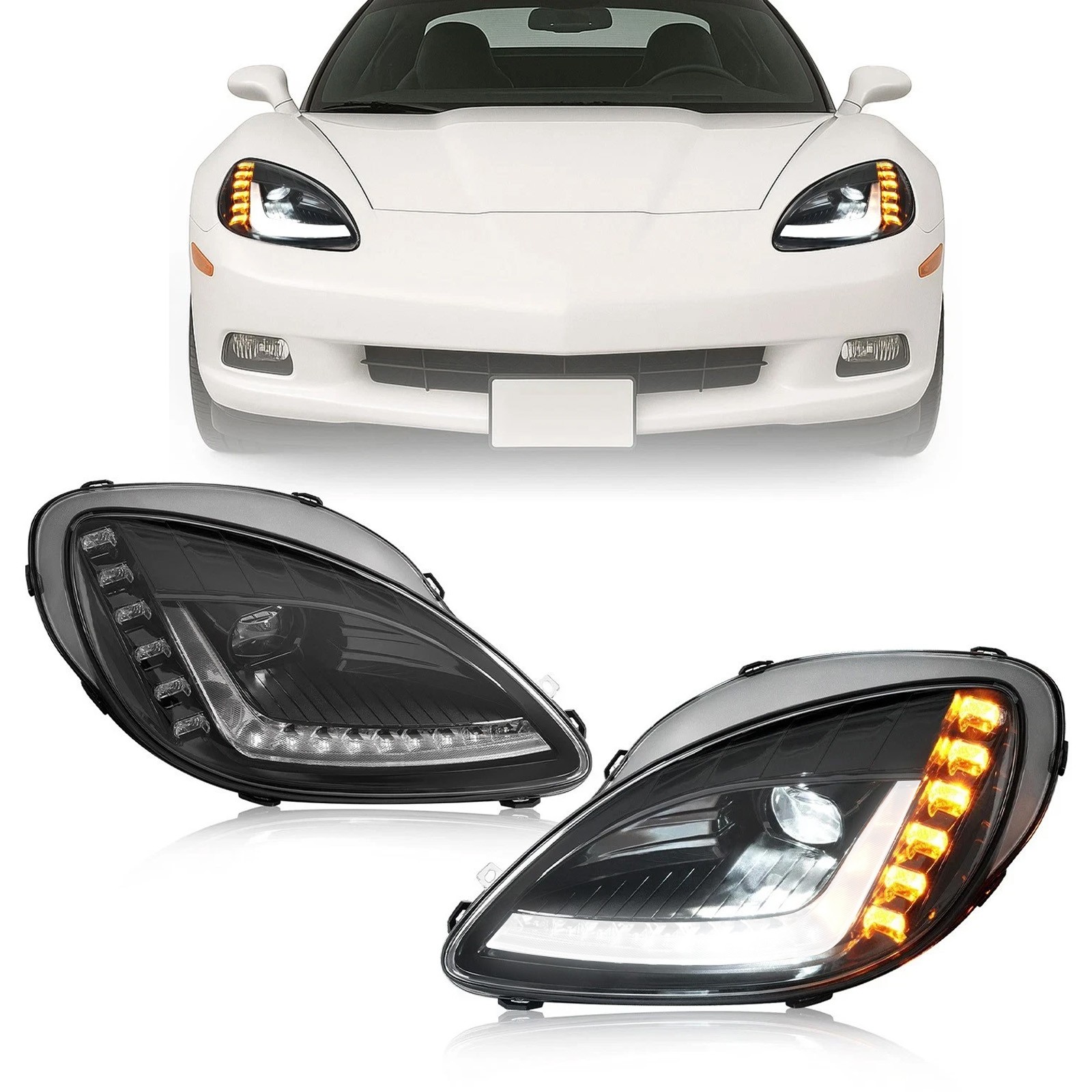 For 05-13 Chevy Corvette C6 Pair Of LED Sequential Projector Headlights C7 Style For 05-13 Chevy Corvette C6 Pair Of LED Sequential Projector Headlights C7 Style