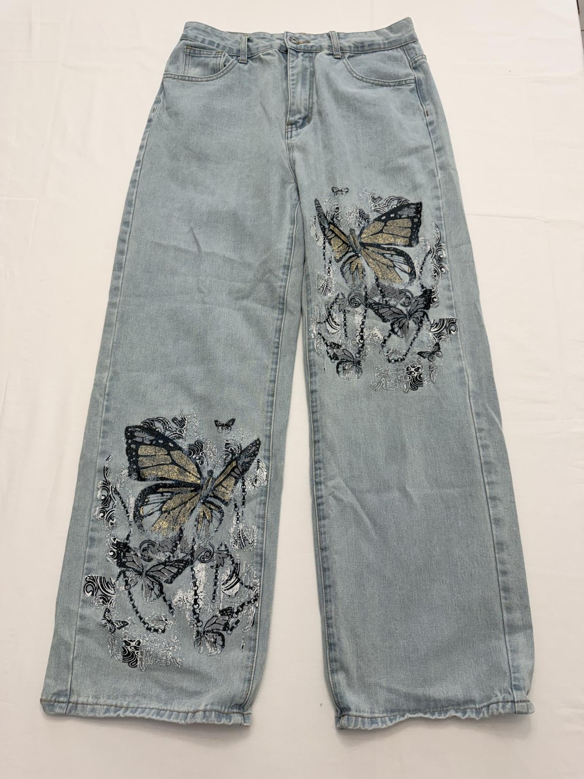 ROMWE Wide Leg Jeans Womens L Blue Light Wash High Rise Butterfly 30x30 Denim