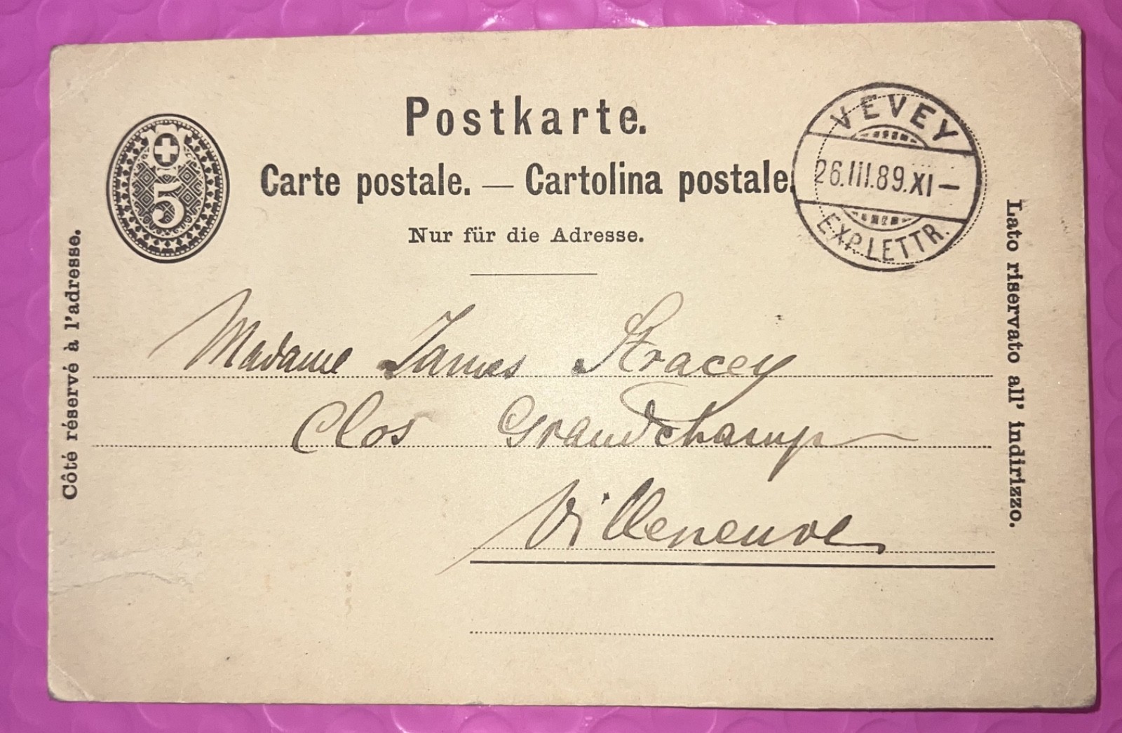 1889 5 Rp Switzerland Vevey to Villeneuve Indicium
