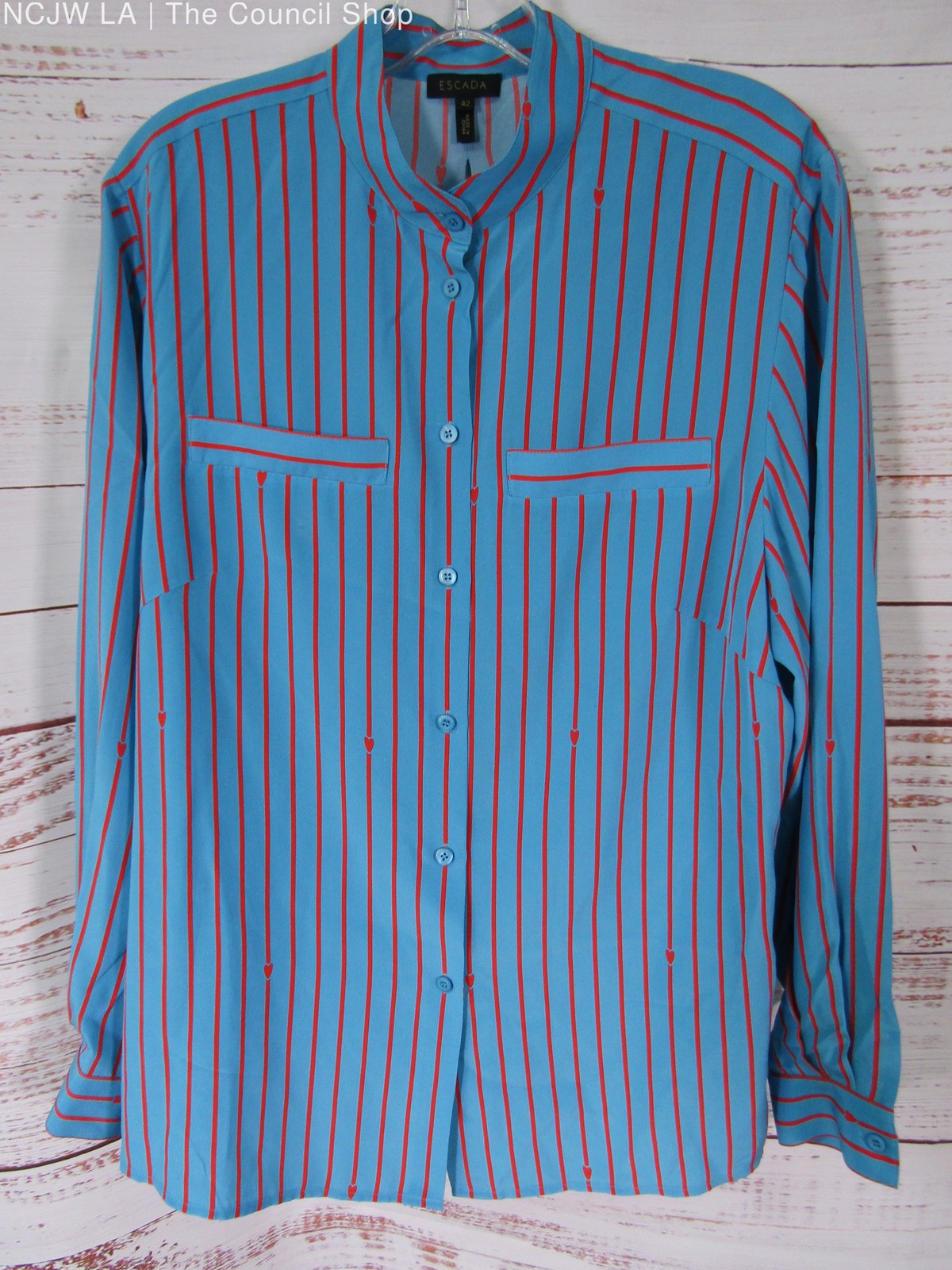 Escada Nelissa Women\'s Blue Silk Striped Long Sleeve Button Down Shirt Size 42
