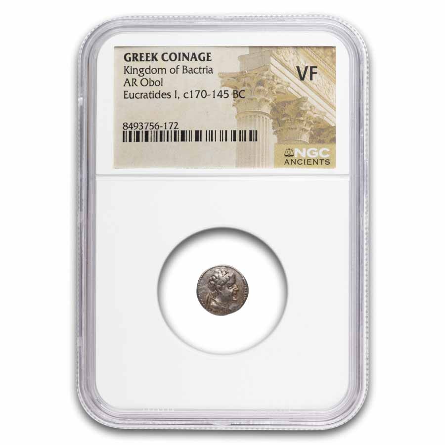 Kingdom of Bactria AR Obol Eukratides I (170-145 BC) VF NGC Kingdom of Bactria AR Obol Eukratides I (170-145 BC) VF NGC