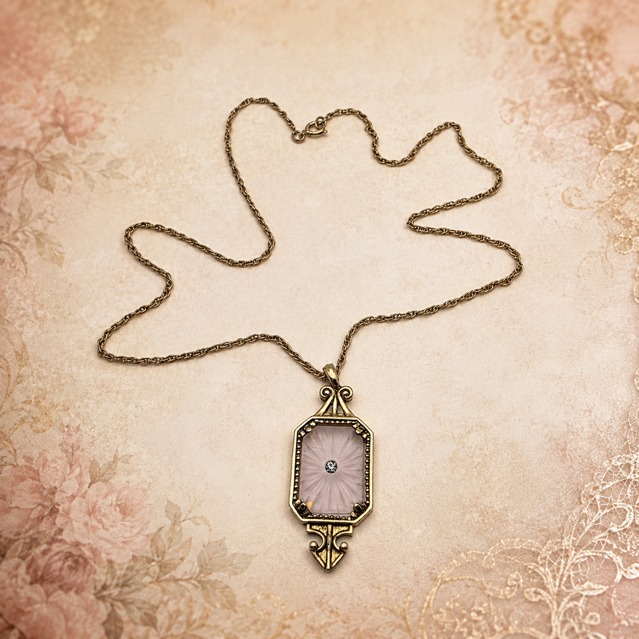 Avon Frost Lights Pink Camphor Glass Rhinestone Pendant Necklace Vintage 1970s