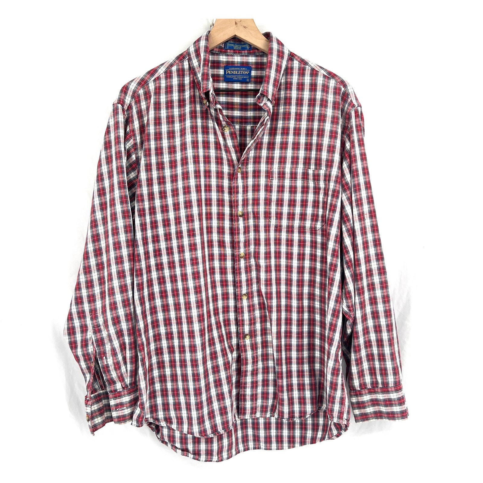 Pendleton vintage oxford cloth button down red white plaid shirt classic L
